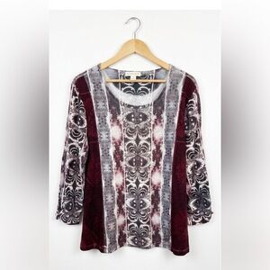 Christopher & Banks Burgundy and Gray Scoopneck  Bejewelled 3/4 Sleeve  Blouse